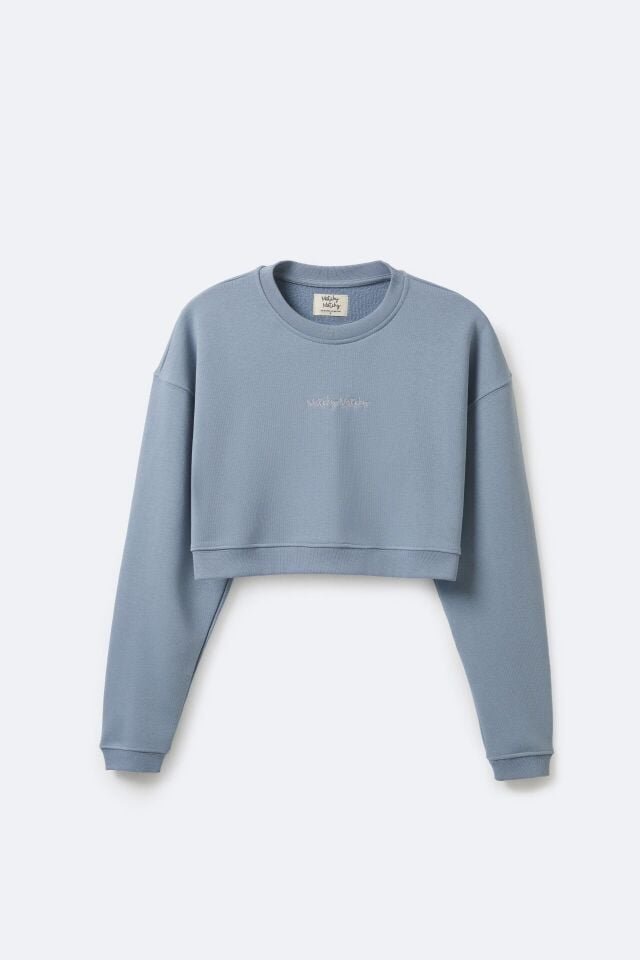 Kadın Crop Blue Sweatshirt
